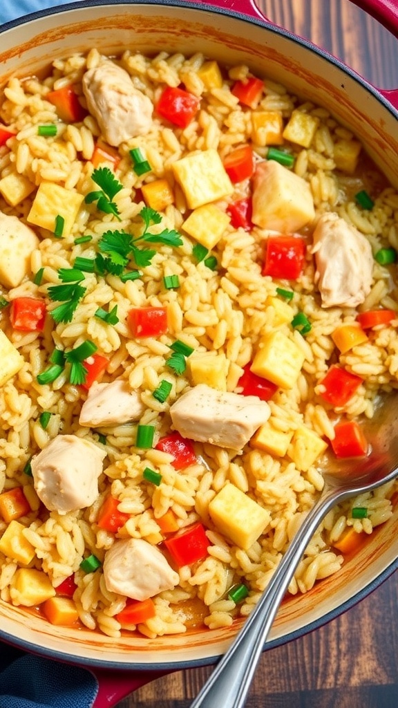 One-Pot Chicken and Rice Casserole A hearty one-pot chicken and rice casserole with vegetables, garnished with parsley, on a wooden table.